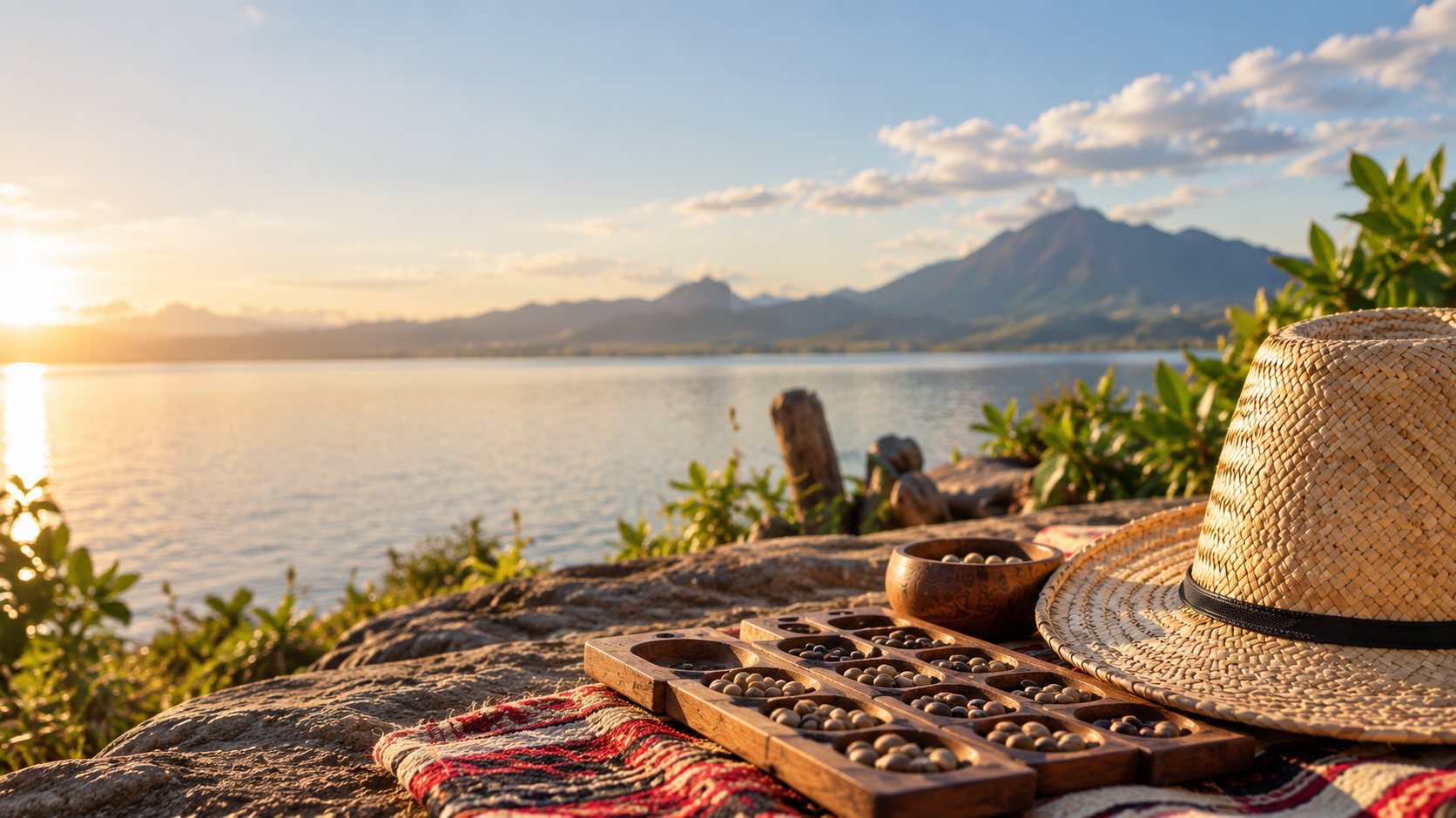 Un jeu malagasy en bois et un chapeau de paille au bord d'un lac, au coucher du soleil